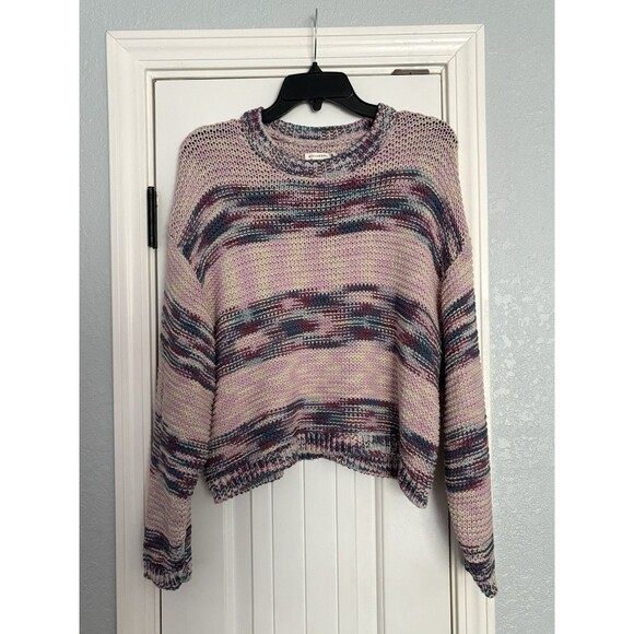 Billabong Sweater Womens Size Medium Purple Striped Chunky Knit Cropped Boxy - Picture 1 of 4